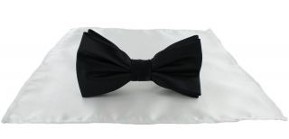 Black Bow Tie & White Pocket Square Set 