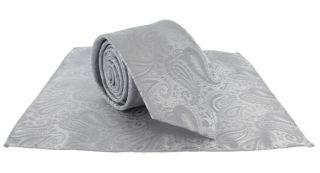 Silver Tonal Paisley Tie & Pocket Square Set