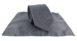 Grey Tonal Paisley Tie & Pocket Square Set