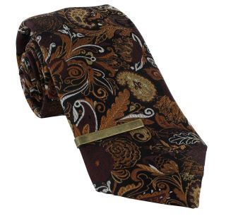 Orange Autumnal Paisley Silk Tie & Tie Clip Set