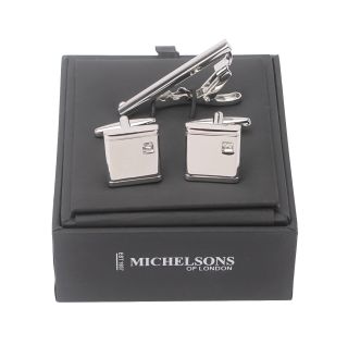 Silver with Champagne Crystal  Wedding Tie Clip & Cufflink Set