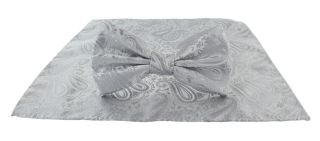 Silver Tonal Paisley Bow Tie & Pocket Square Set