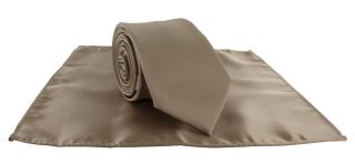 Taupe Slim Satin Plain Tie & Pocket Square Set