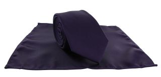 Purple Slim Satin Plain Tie & Pocket Square Set