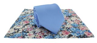 Light Blue Plain Tie & Contrast Floral Pocket Square Set