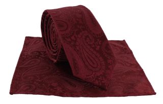 Boys Dark Red Tonal Paisley Tie & Pocket Square Set